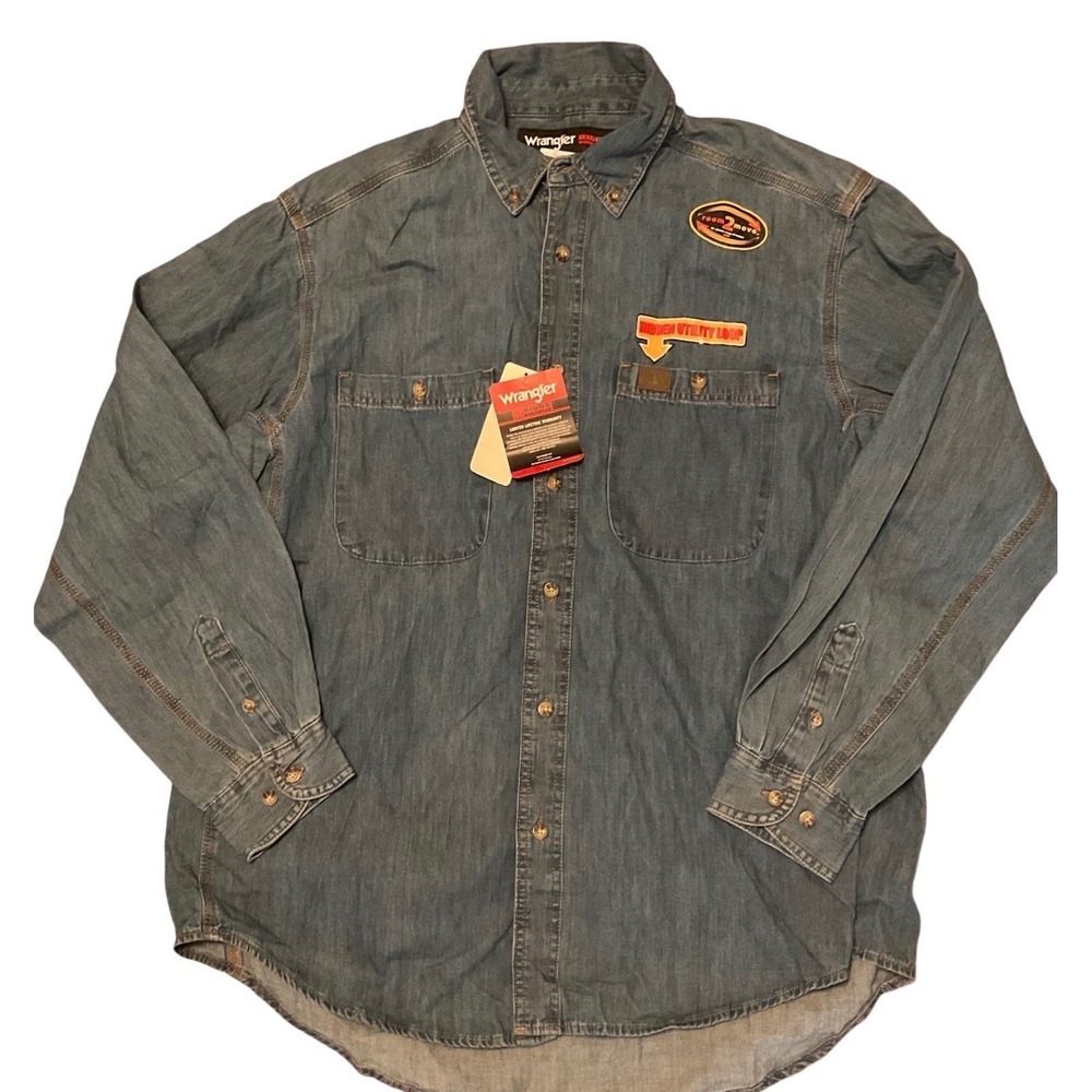 Wrangler Riggs Workwear Denim Shirt Mens XL Blue Long Sleeve Room2Move 3W510AN